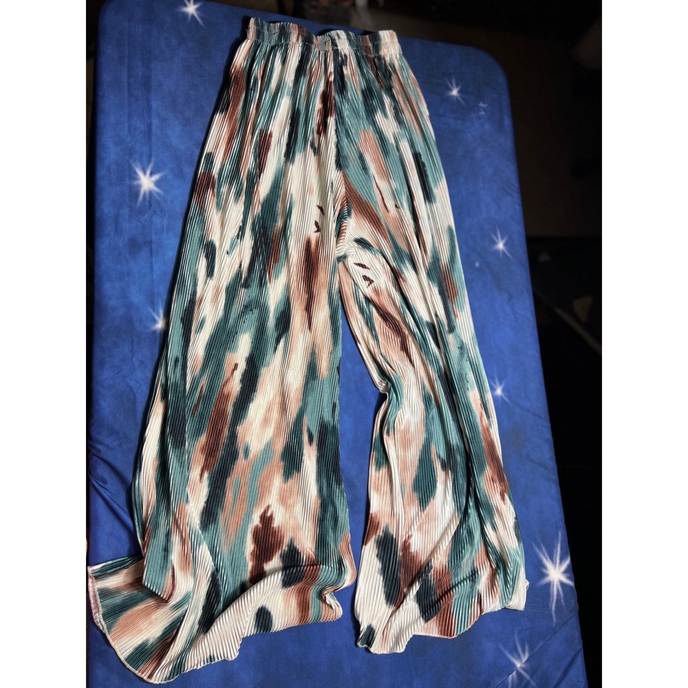 Pleated Wide Leg Pants Multi Color Abstract Print Flowy